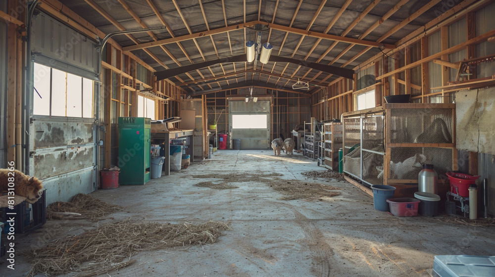 Empty exotic animal care shed with habitats and care equipment, all prepared but no animals in care. Empty exotic animal care shed with habitats and care equipment, all prepared but no animals in care.