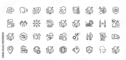 Pantothenic acid, Ambulance emergency and Coronavirus pandemic line icons pack. AI, Question and Answer, Map pin icons. Cobalamin vitamin, Face id, Fever web icon. Vector