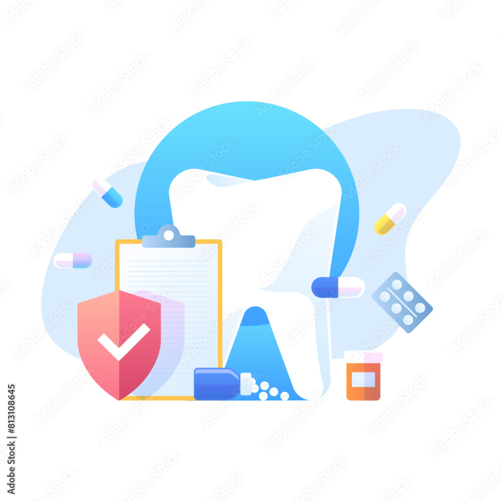 Dental insurance concept. Shield covers big white tooth from trouble with an umbrella. Tooth protection. Healthcare and medical cost. Medicine service. Vector cartoon flat isolated illustration Dental insurance concept. Shield covers big white tooth from trouble with an umbrella. Tooth protection. Healthcare and medical cost. Medicine service. Vector cartoon flat isolated illustration