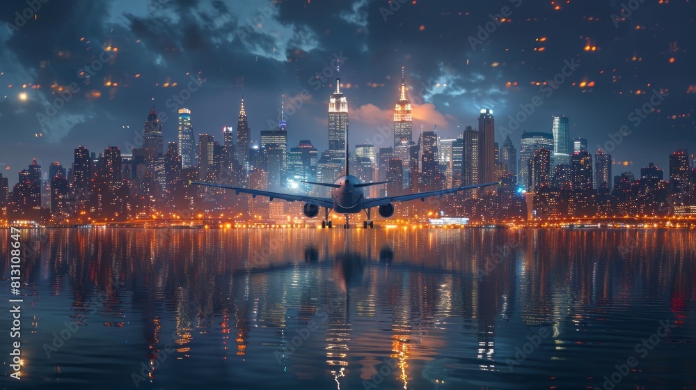 Airliner flying over city lights reflecting on water Airliner flying over city lights reflecting on water