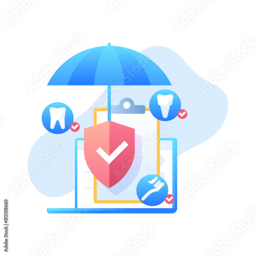 Dental insurance concept. Shield covers big white tooth from trouble with an umbrella. Tooth protection. Healthcare and medical cost. Medicine service. Vector cartoon flat isolated illustration
