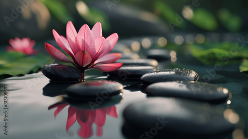 Vibrant Pink Lotus Flower on Glossy Wet Stones in Serene Pond