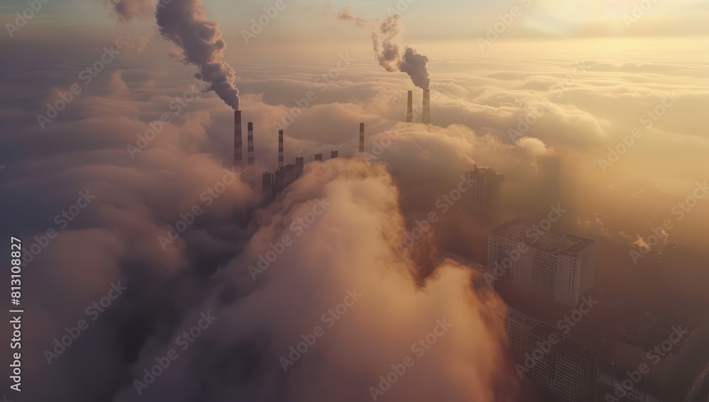 industrial city with large smokestacks, clouds of pollution on sunset
