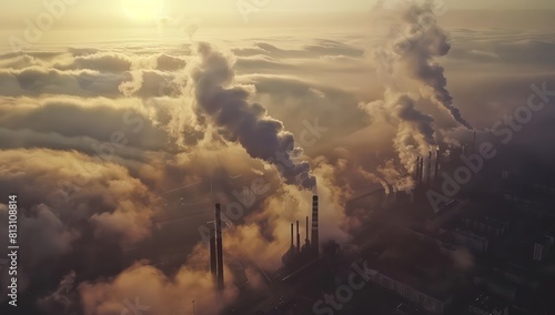 industrial city with large smokestacks, clouds of pollution on sunset 