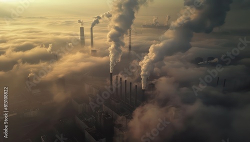 industrial city with large smokestacks, clouds of pollution on sunset 