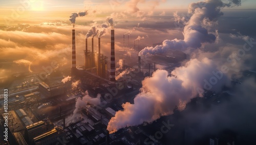 industrial city with large smokestacks, clouds of pollution on sunset 