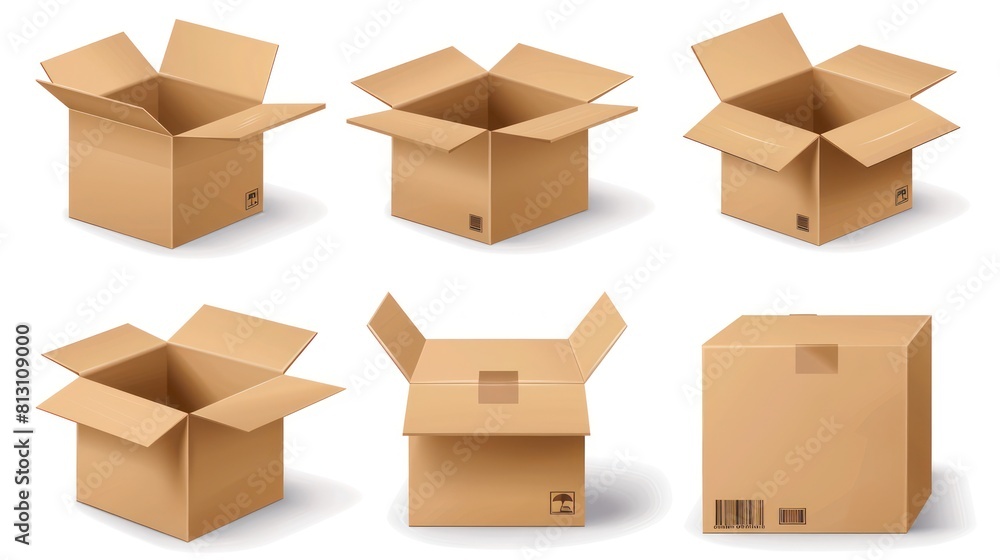 3d cardboard box, different angles, white background 3d cardboard box, different angles, white background