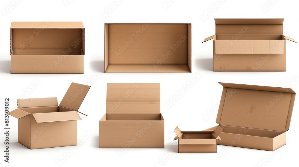 3d cardboard box, different angles, white background 3d cardboard box, different angles, white background