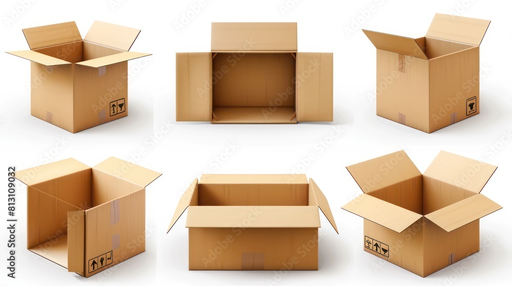 3d cardboard box, different angles, white background 3d cardboard box, different angles, white background