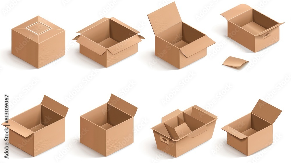 3d cardboard box, different angles, white background 3d cardboard box, different angles, white background