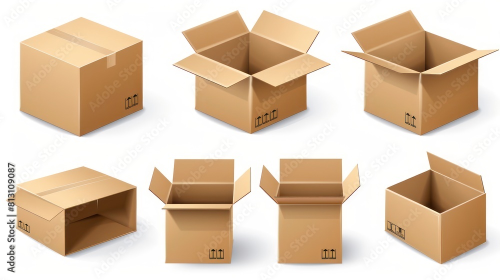 3d cardboard box, different angles, white background 3d cardboard box, different angles, white background