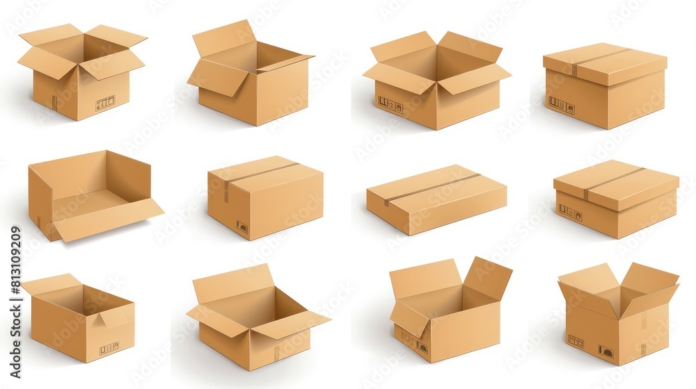 3d cardboard box, different angles, white background 3d cardboard box, different angles, white background