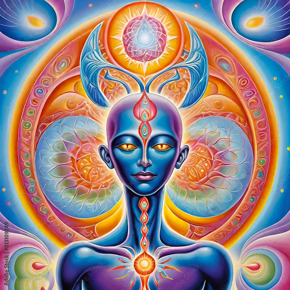 Naklejka premium Hypnagogic image, hypnagogic spiritual symbol, style, abstract illustration, surreal illustration, spiritual practice, hypnosis, relaxation, sleep,