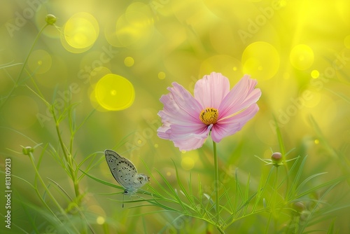 Beautiful pink flower Cosmos bipinnatus and butterfly on natural green-yellow background, close-up, outdoors. Elegant refined image of beauty of nature. photo