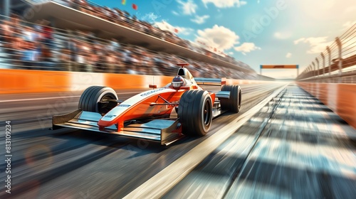 Motorsport race car speeds on track toward finish line motion blur winner day racing high-speed victory