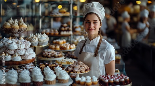 Mulher confeiteira ao lado de bolos e doces na padaria photo