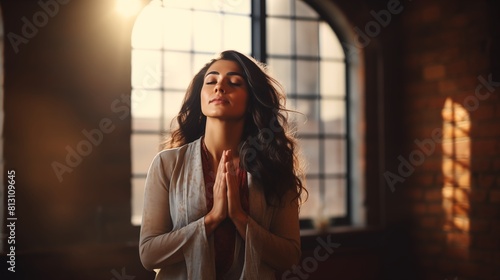 Mulher orando e uma janela ao fundo, contraluz