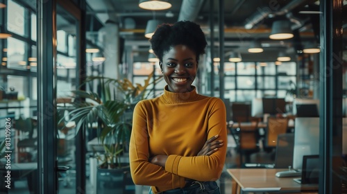 Linda Mulher negra sorridente e com cabelo estilo afro em um escritório criativo