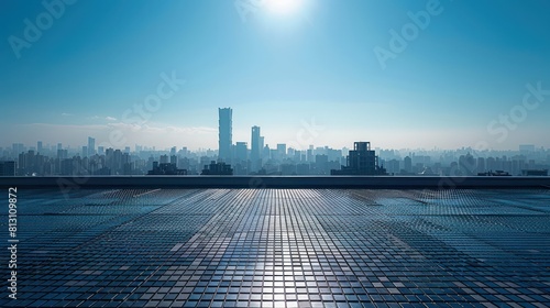 empty office, skyline over the buildings, grandiose cityscape views, clear sky