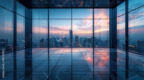 empty office, skyline over the buildings, grandiose cityscape views, clear sky