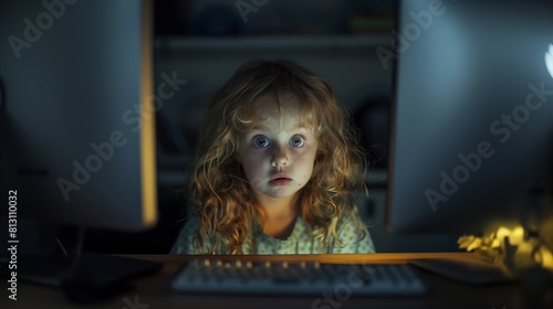 Criança assustada ao acessar internet no computador photo