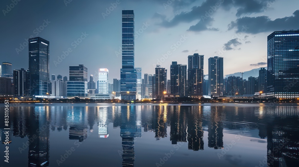 skyline building, river water reflection, clear sky