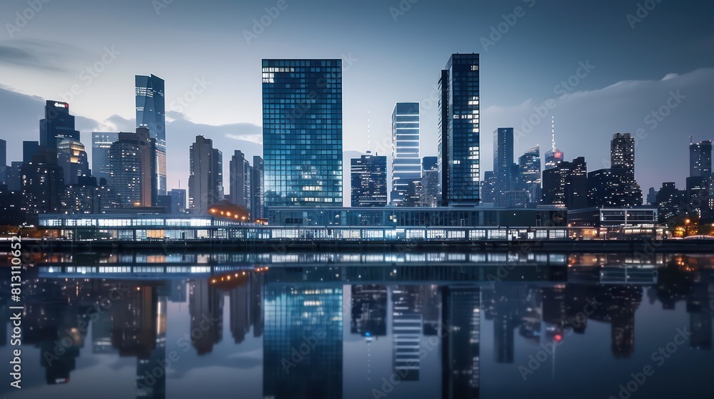 skyline building, river water reflection, clear sky