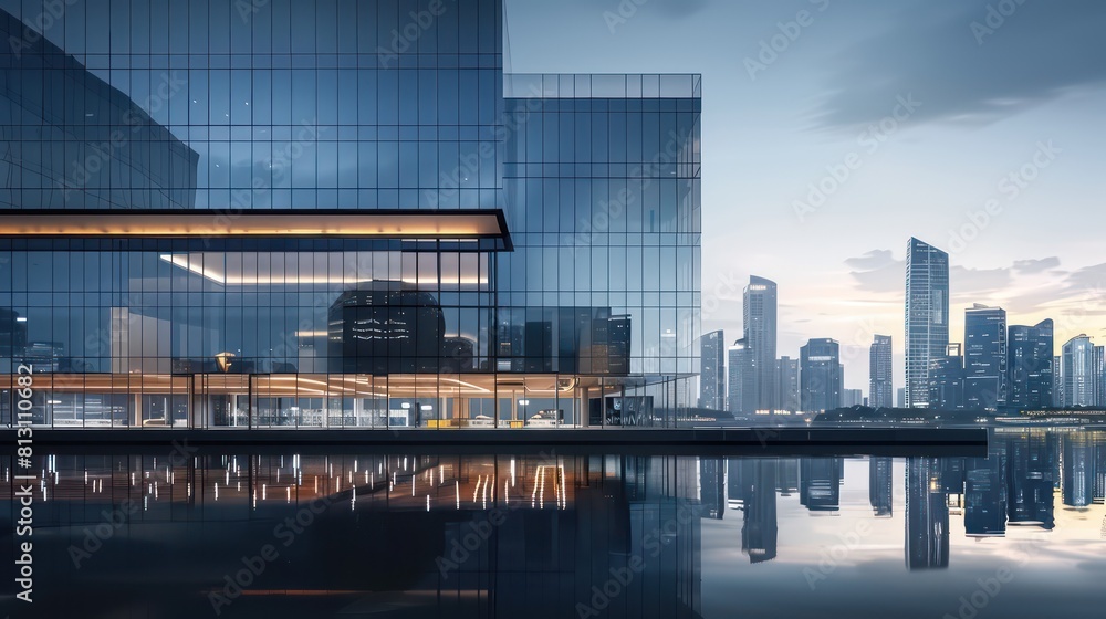 skyline building, river water reflection, clear sky