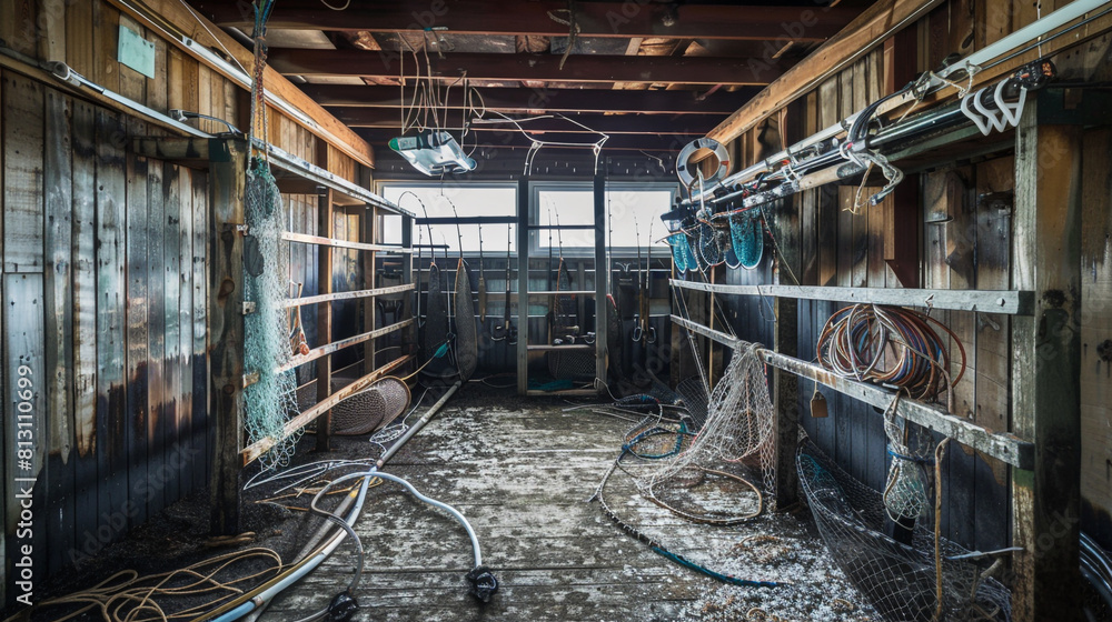 Empty fishing gear shed with racks for rods and nets, all conspicuously absent, a salty air filling the space. Empty fishing gear shed with racks for rods and nets, all conspicuously absent, a salty air filling the space.