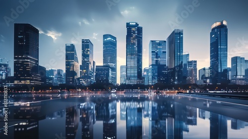 skyline building  river water reflection  clear sky