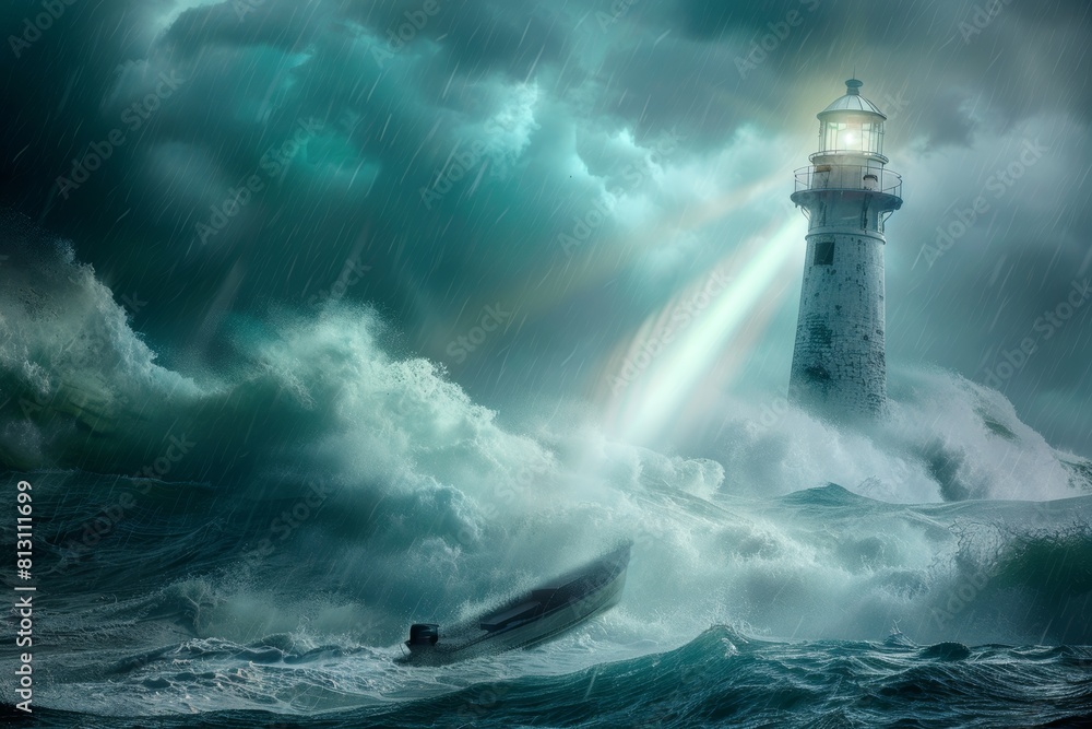 Guiding Light: Lighthouse Illuminating a Small Boat in a Stormy Sea, Symbol of Hope and Support