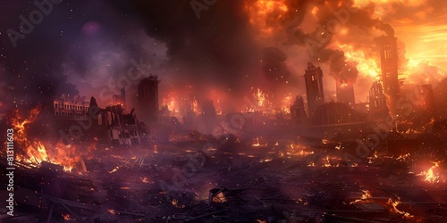 City in ruins engulfed in flames aftermath of an apocalyptic disaster. Concept Post-apocalyptic scene, Destroyed cityscape, Flames and smoke, Abandoned buildings, Dystopian landscape © Anastasiia
