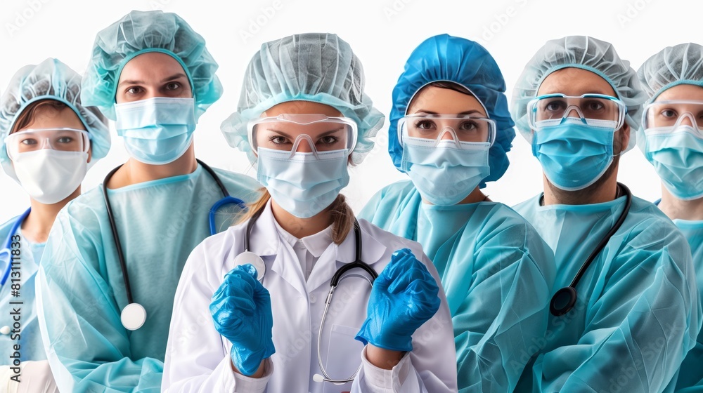 Healthcare team in protective gear poses against a white backdrop. Healthcare team in protective gear poses against a white backdrop.