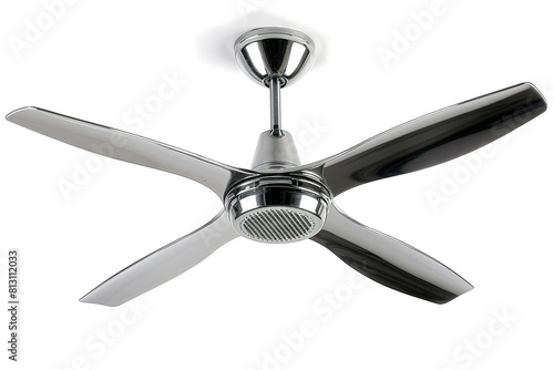 A stylish chrome ceiling fan with a three-blade design and adjustable fan speeds isolated on a solid white background. photo