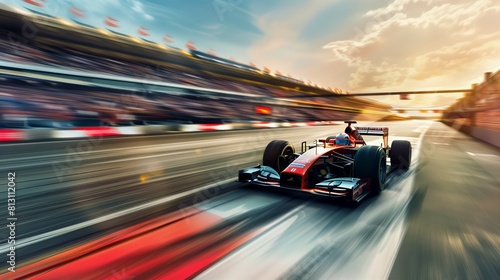 Motorsport racing car speeding on track motion blur sunset crowd grandstand event speed competition