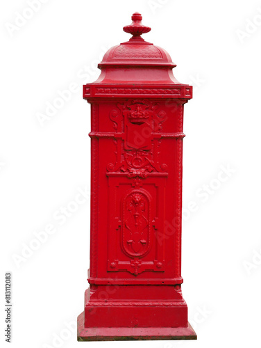 Vintage cast iron pillar letter mail box or post box or parcel drop box in red color, isolated transparent background, cutout for use as object element, traditional communication photo