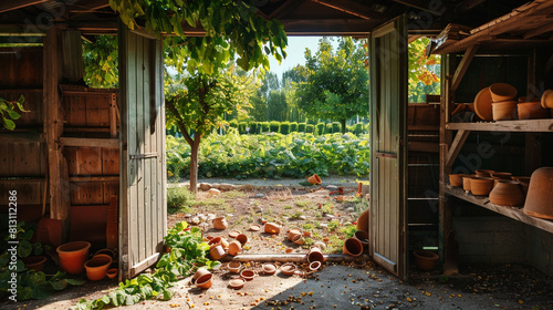 Empty garden shed with open doors, a view of the green garden outside, and scattered empty clay pots inside.