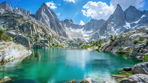 An alpine lake with vibrant turquoise water sits nestled among rugged mountain peaks. The peaks are jagged and feature pockets of snow, suggesting either high altitude or a colder time of year. A few  photo
