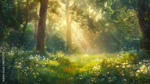 The image depicts a lush, enchanted forest scene, filled with an array of colorful wildflowers that blanket the forest floor. Sunbeams penetrate the canopy of vibrant green foliage, casting a warm, go