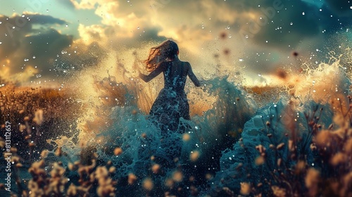 The image captures a dreamlike scene where a person with long hair donned in a dark dress appears amidst a burst of water, suggestive of a powerful and dynamic motion. The background features a beauti photo