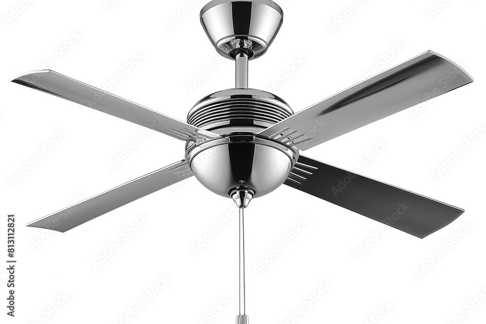 A stylish chrome ceiling fan with a high-speed motor and reversible blades isolated on a solid white background. A stylish chrome ceiling fan with a high-speed motor and reversible blades isolated on a solid white background.