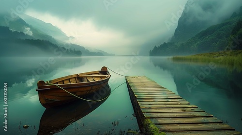A serene lake scene is depicted, with placid water reflecting the colors of the environment under a moody, cloudy sky. On the right, a worn wooden dock stretches out into the water, its weathered plan photo