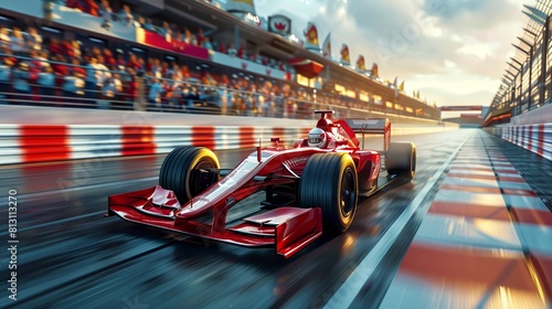 Red Formula 1 Car Front View Racing On Track With Speed And Precision, Motorsport Power, Adrenaline, Focus, And Victory Celebration