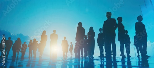 business people and women future technology silhouettes in blue suits standing together, future technology