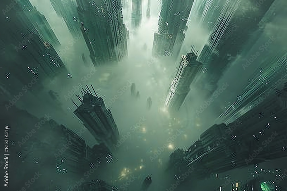 A dark and foggy city with large buildings and a green tint