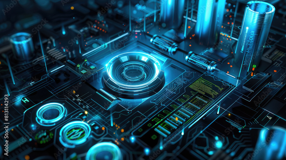 This vibrant image captures a high-tech industrial turbo machine in a dynamic, illuminated facility. generative ai This vibrant image captures a high-tech industrial turbo machine in a dynamic, illuminated facility. generative ai