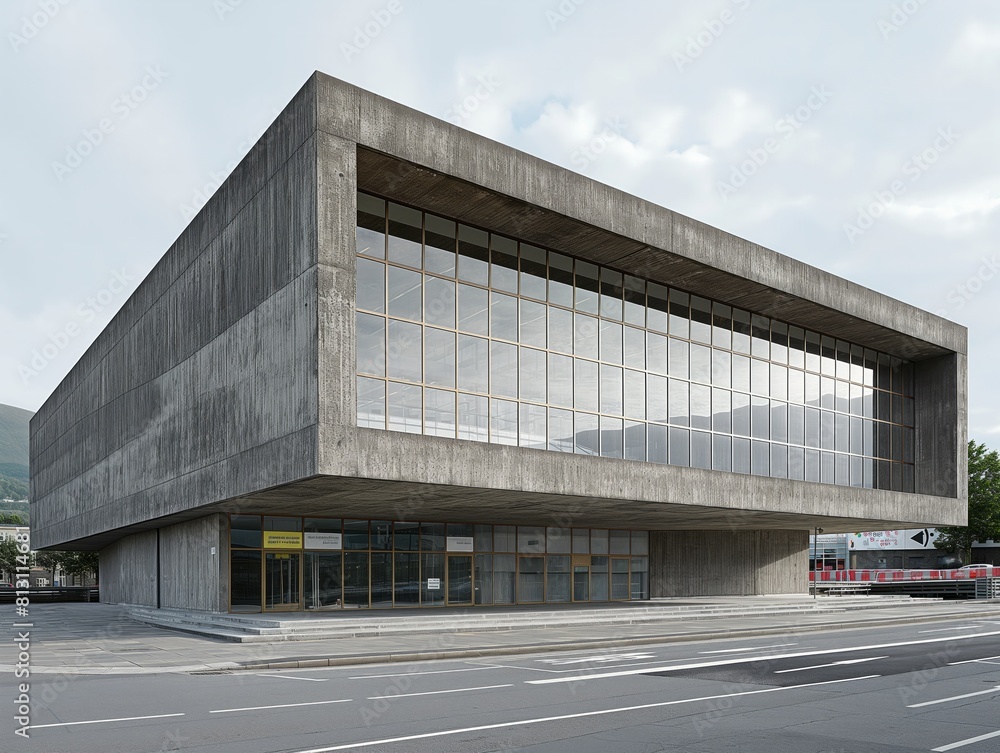 A large building with a large window on the front. The building is grey and has a modern look