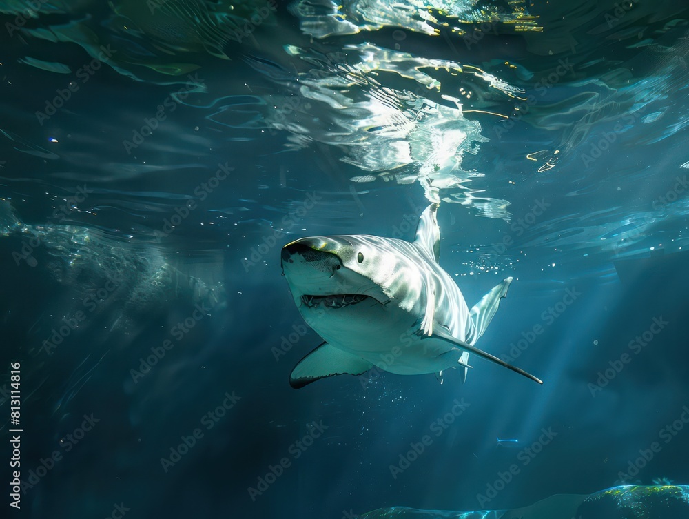 Fototapeta premium White shark with closed mouth is turning underwater, blue water