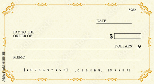 Blank bank check, checkbook cheque template or money payment paper voucher, vector mockup. Business or personal account cash pay cheque certificate or paycheck coupon from checkbook