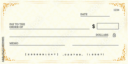 Blank bank check, checkbook cheque template or money payment paper voucher, vector mockup. Business or personal account cash pay cheque certificate or paycheck coupon from checkbook